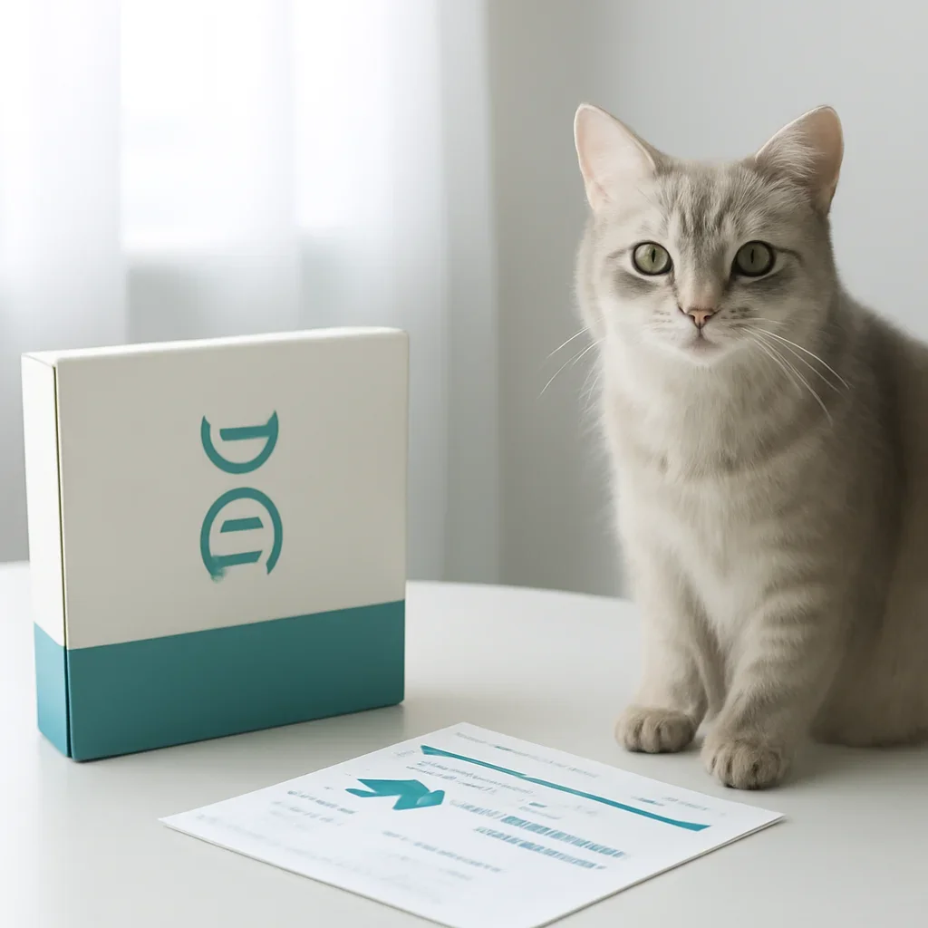 cat DNA testing call to action with kit box and results summary