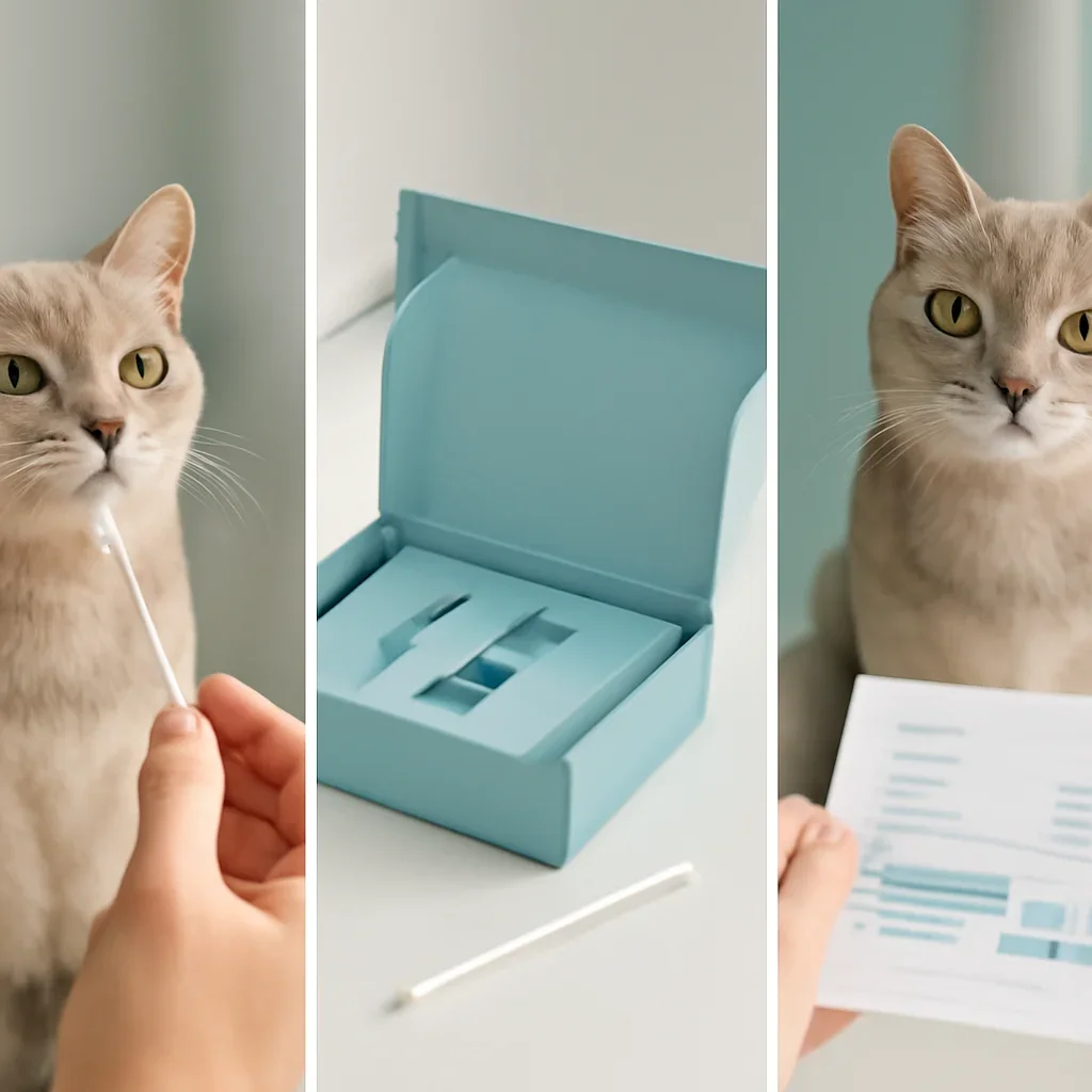 cat DNA testing process with swab, package, and results steps