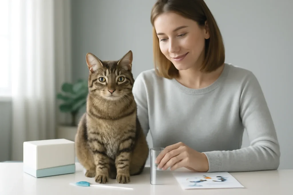 cat ancestry tests explained visual with cat owner and testing materials