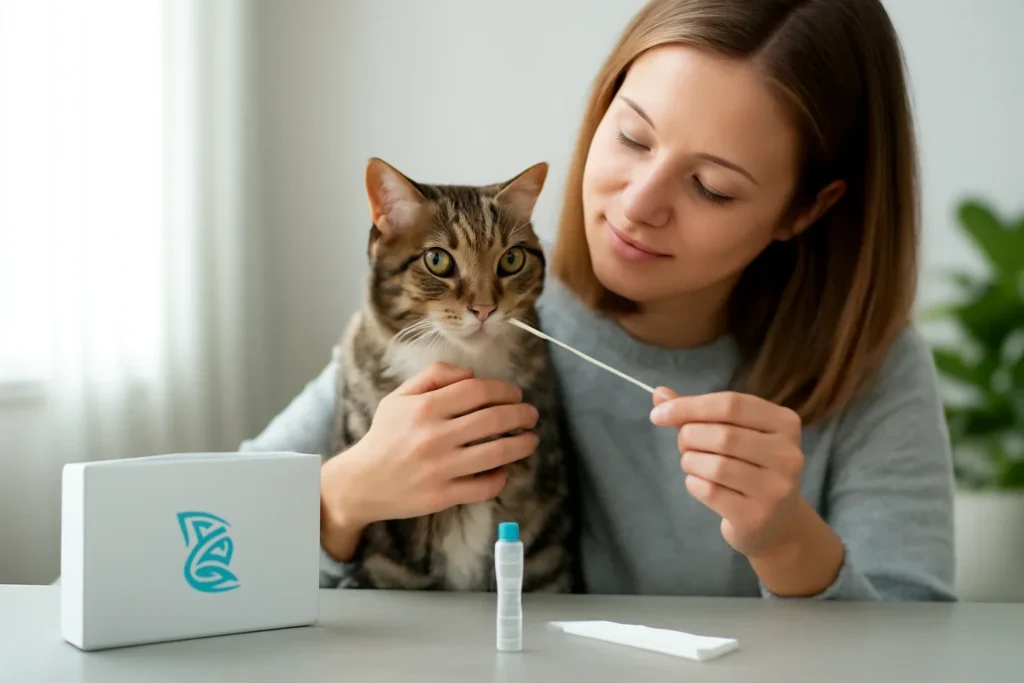cat dna tests for mixed and unknown-breed cats visual with cat owner and testing materials