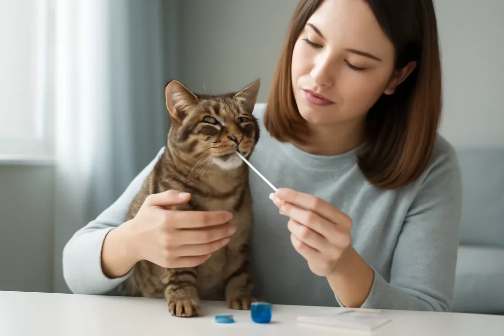 how to collect a cat dna sample visual with cat owner and testing materials
