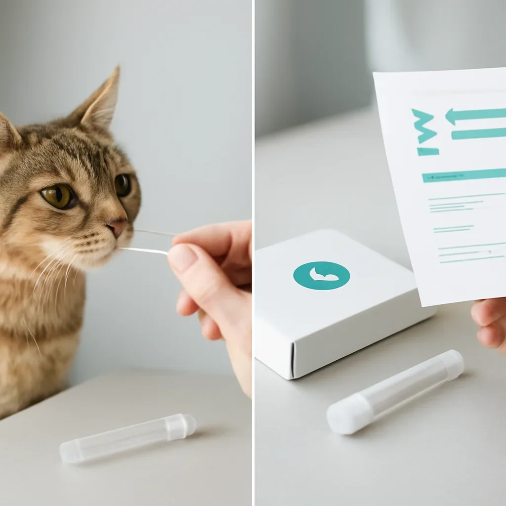 cat DNA testing process with swab, package, and results steps