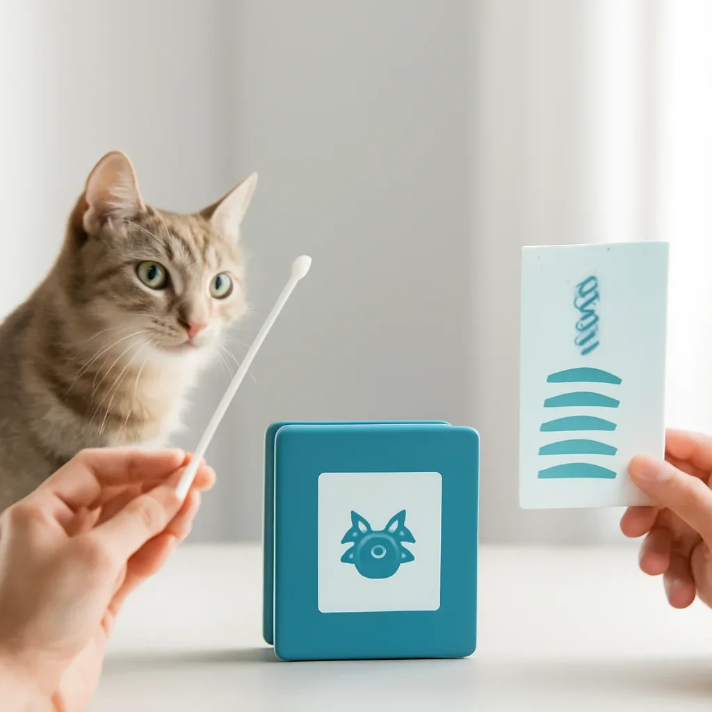 cat DNA testing process with swab, package, and results steps