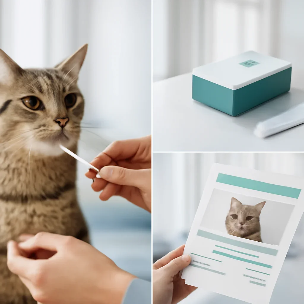 cat DNA testing process with swab, package, and results steps