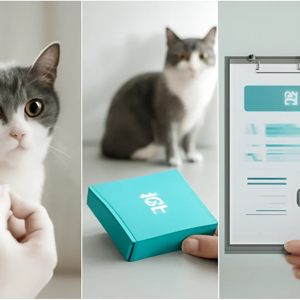 cat DNA testing process with swab, package, and results steps
