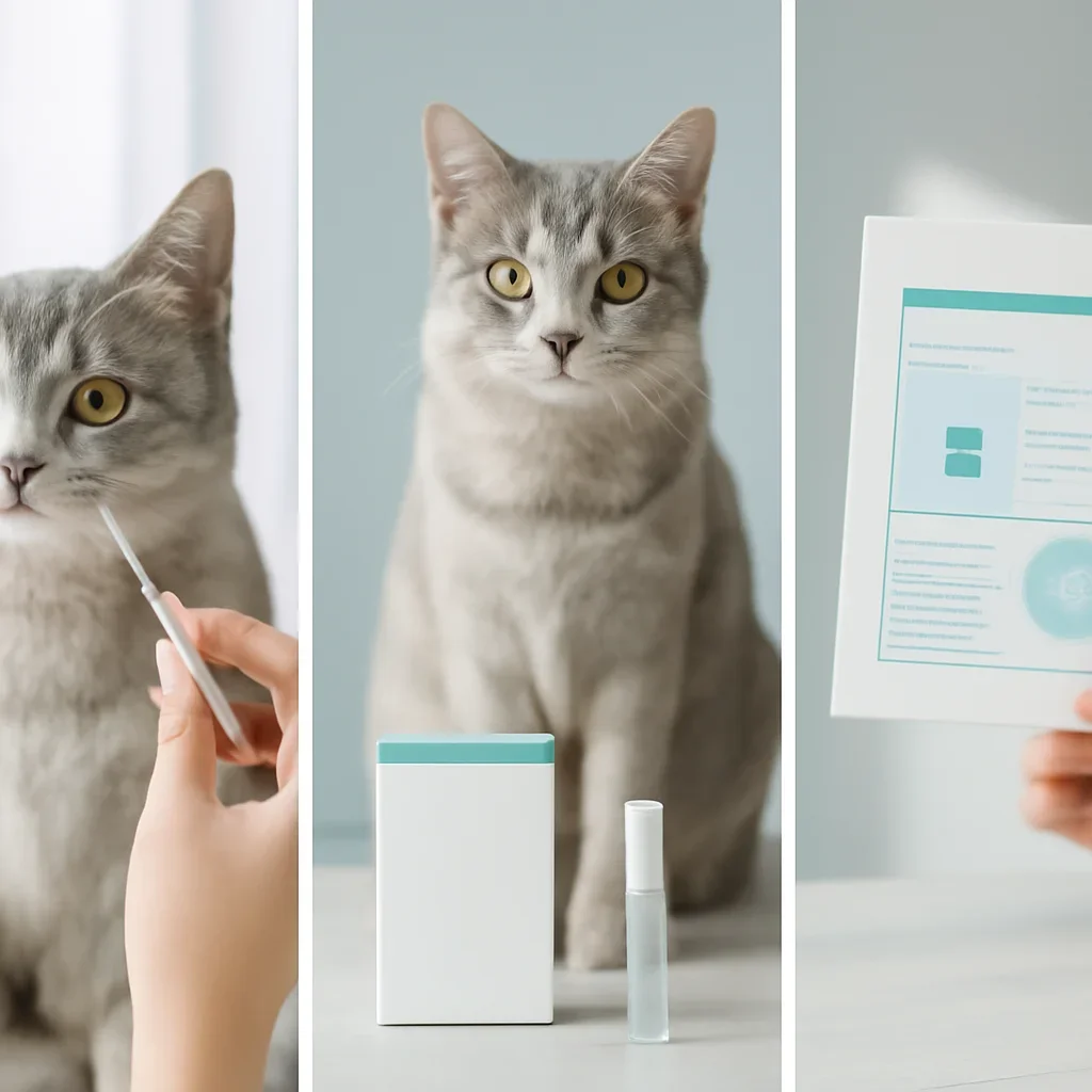 cat DNA testing process with swab, package, and results steps