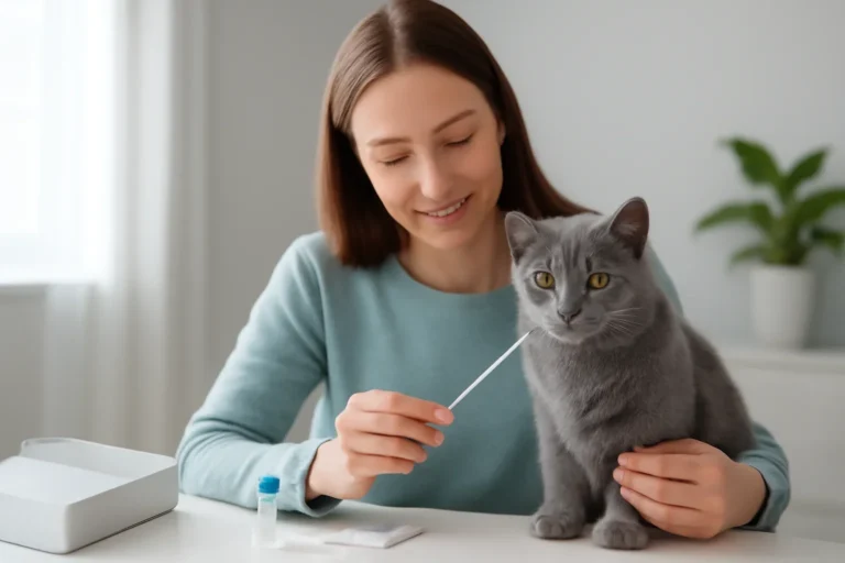 cat dna test deals for black friday and cyber week visual with cat owner and testing materials
