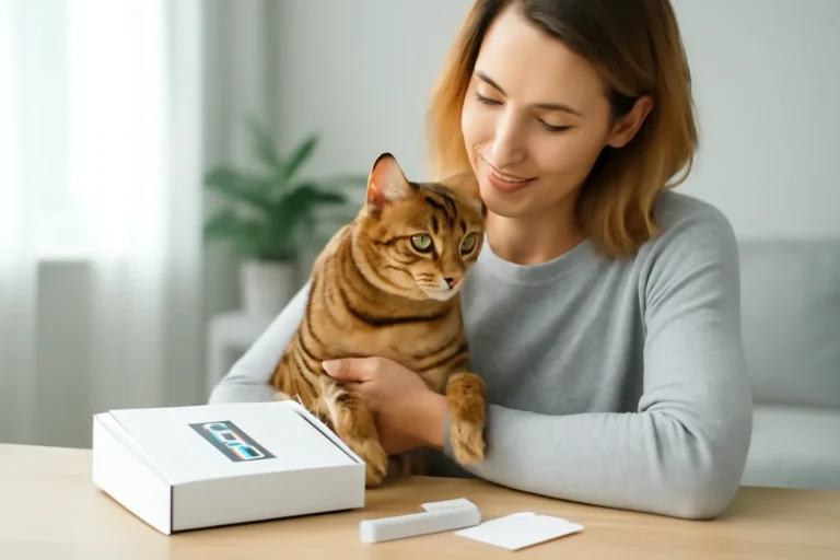 cat dna tests for bengal, maine coon, manx, and more visual with cat owner and testing materials