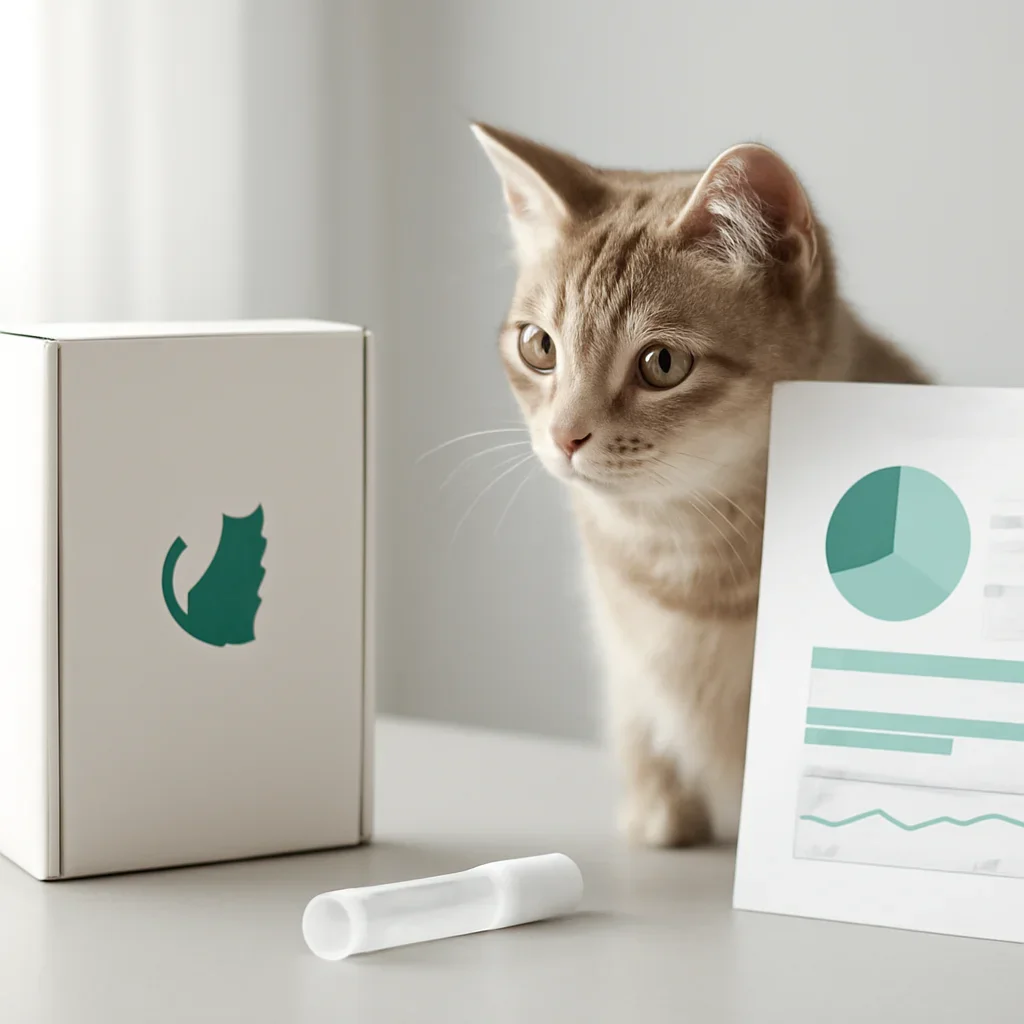 cat DNA testing call to action with kit box and results summary