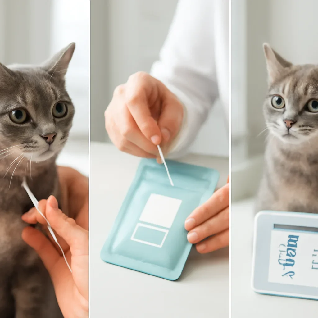 cat DNA testing process with swab, package, and results steps