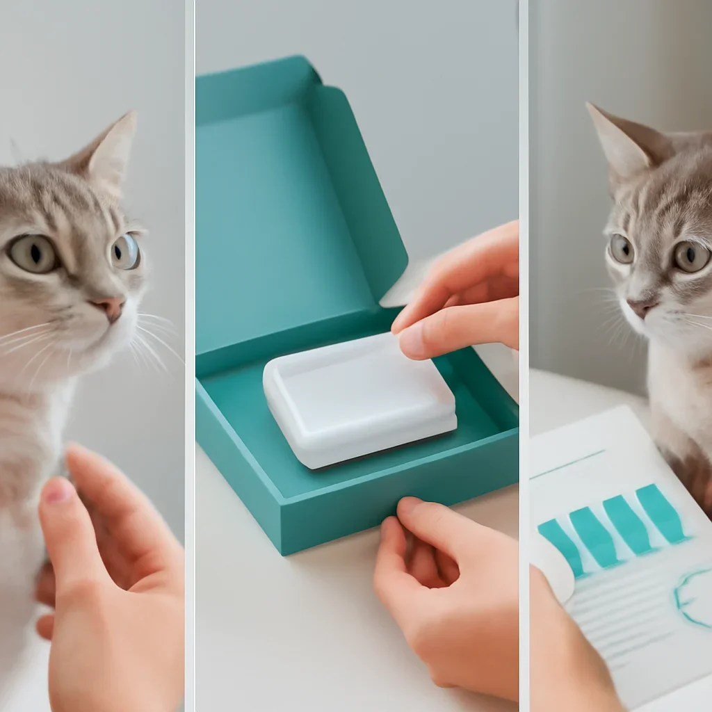 cat DNA testing process with swab, package, and results steps
