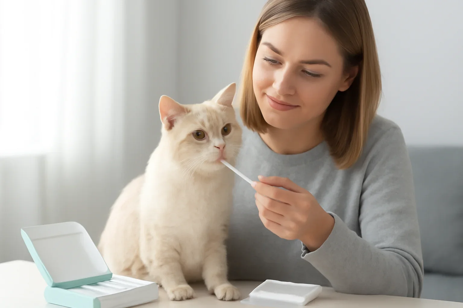 cat breed dna tests for mixed and unknown cats visual with cat owner and testing materials