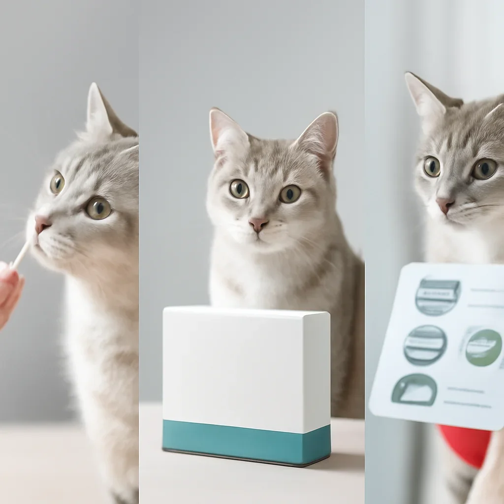 cat DNA testing process with swab, package, and results steps