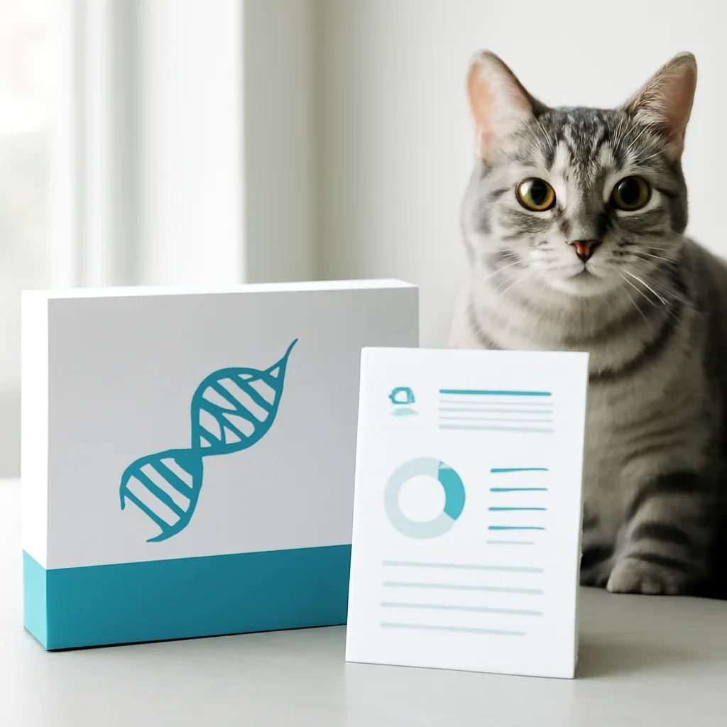 cat DNA testing call to action with kit box and results summary