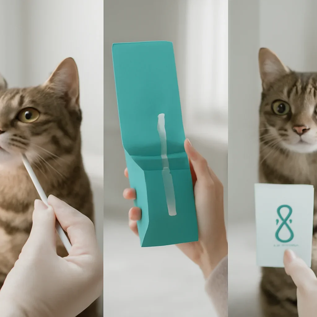 cat DNA testing process with swab, package, and results steps