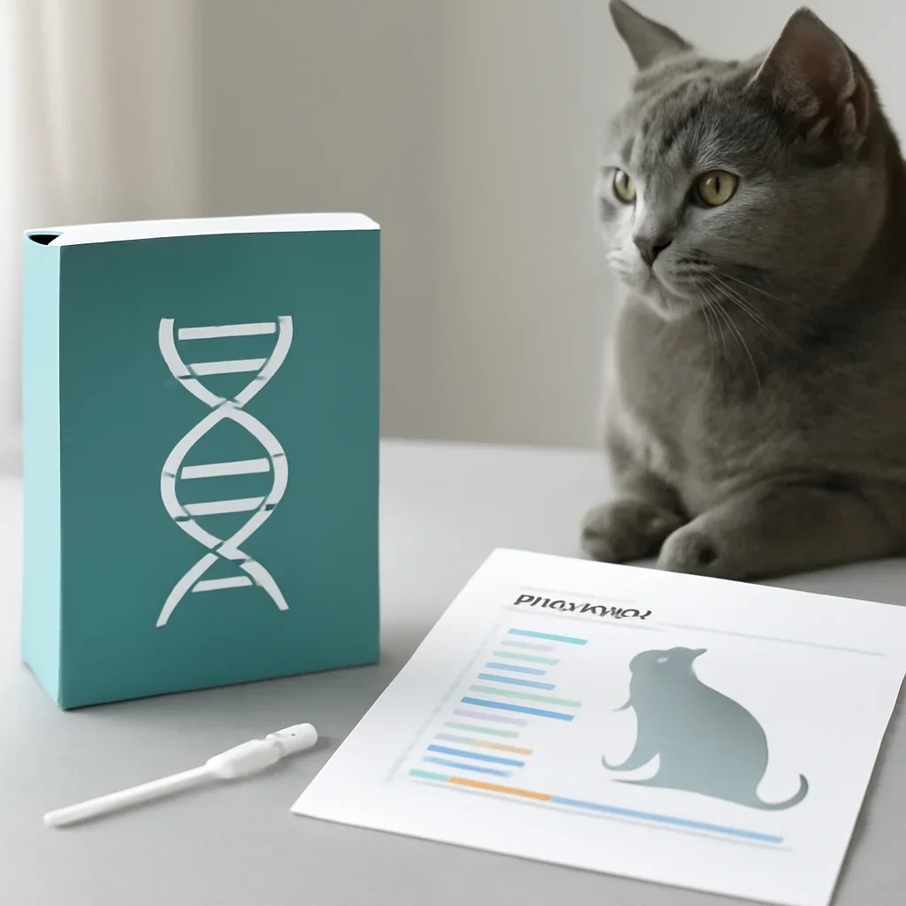 cat DNA testing call to action with kit box and results summary