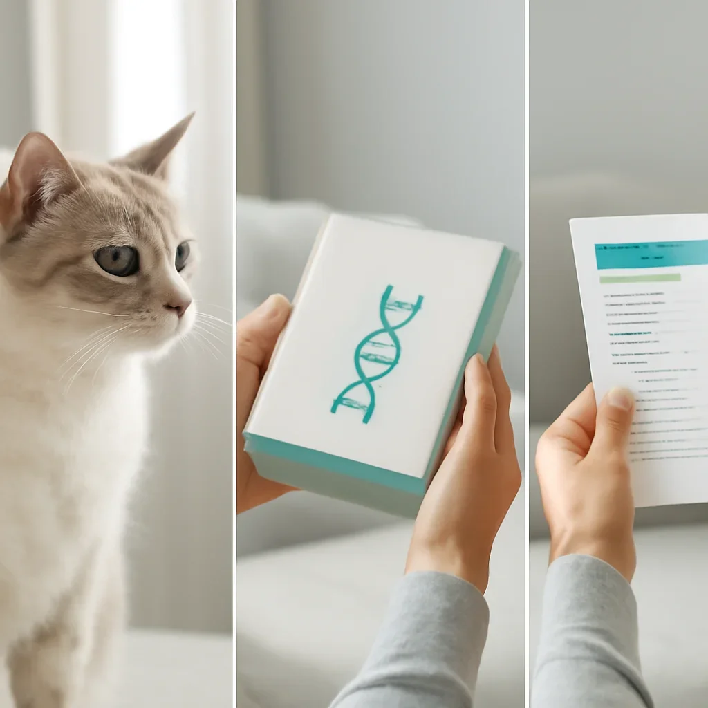 cat DNA testing process with swab, package, and results steps