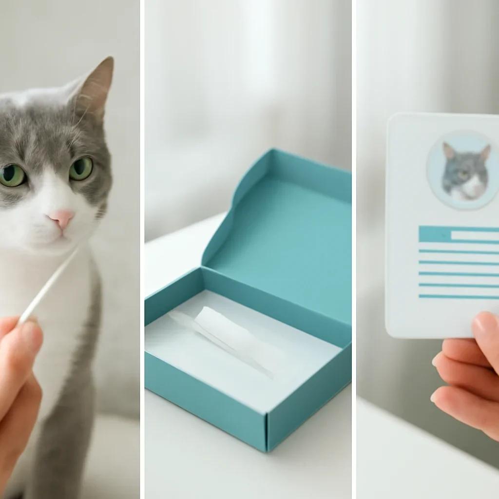 cat DNA testing process with swab, package, and results steps