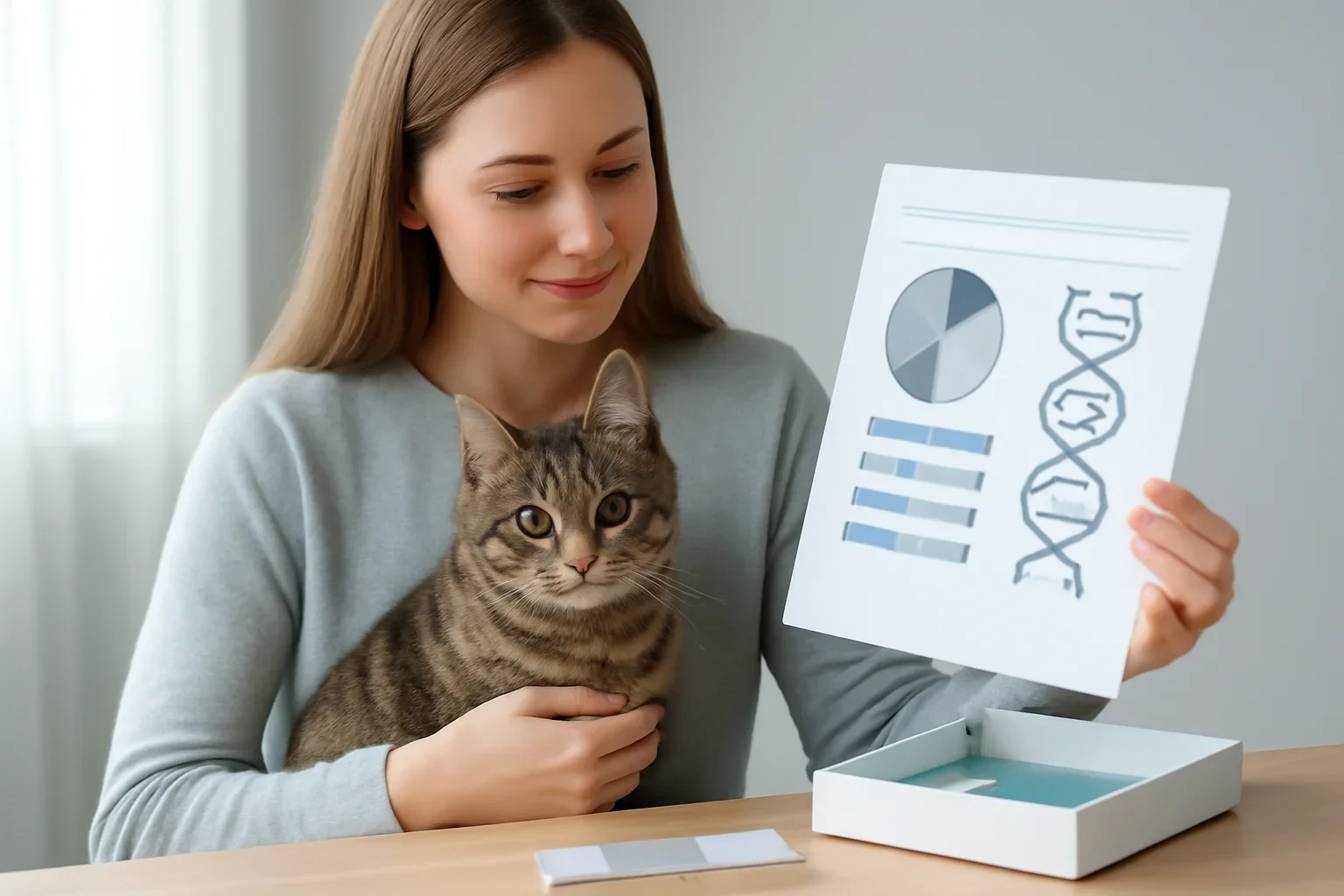 cat dna test results and report interpretation visual with cat owner and testing materials