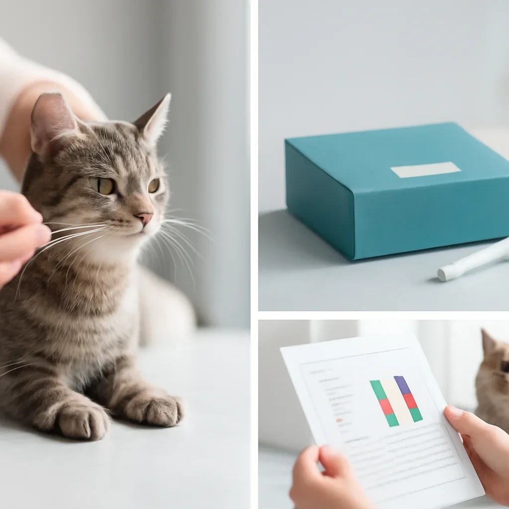cat DNA testing process with swab, package, and results steps