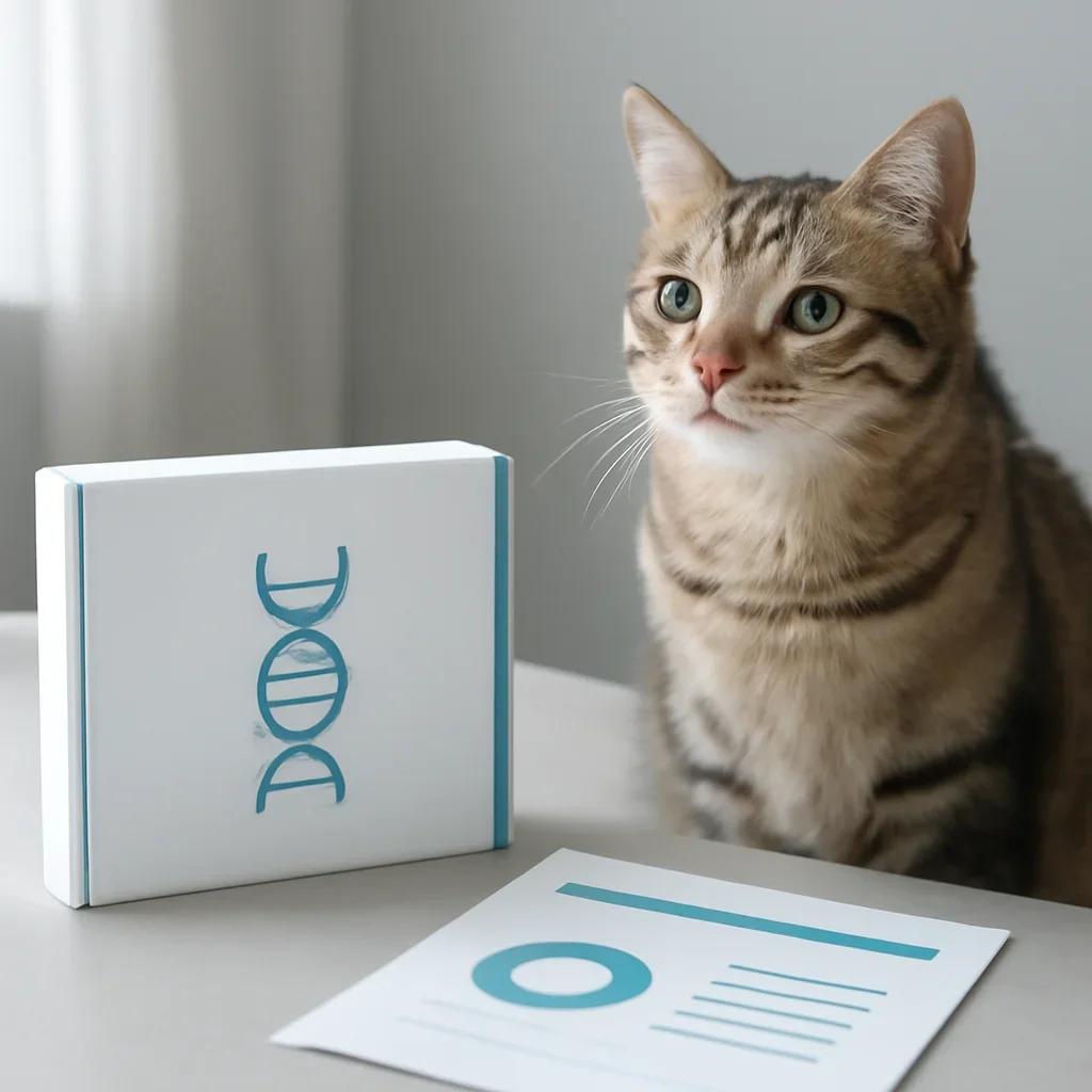 cat DNA testing call to action with kit box and results summary