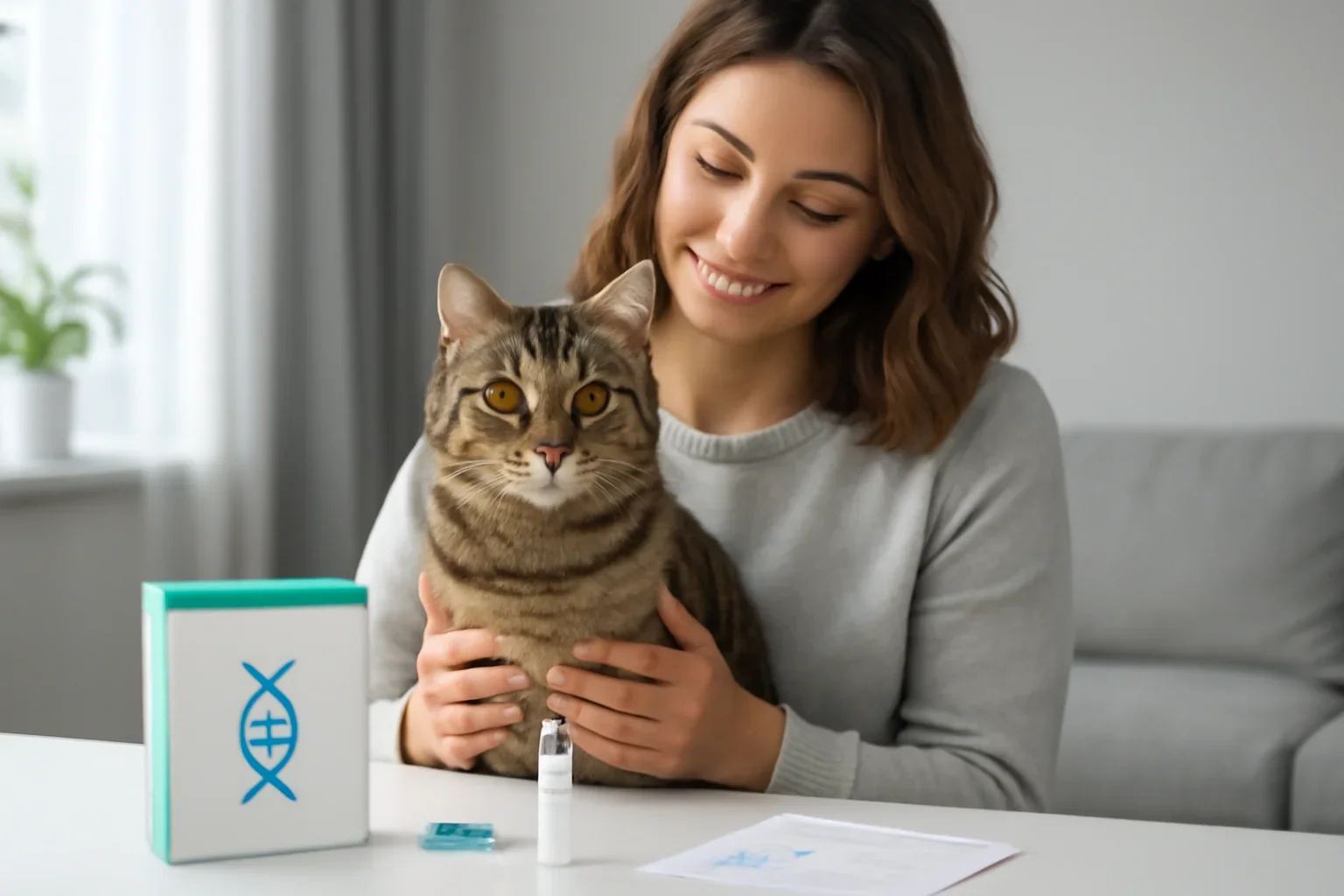 cat health dna tests and genetic screening options visual with cat owner and testing materials