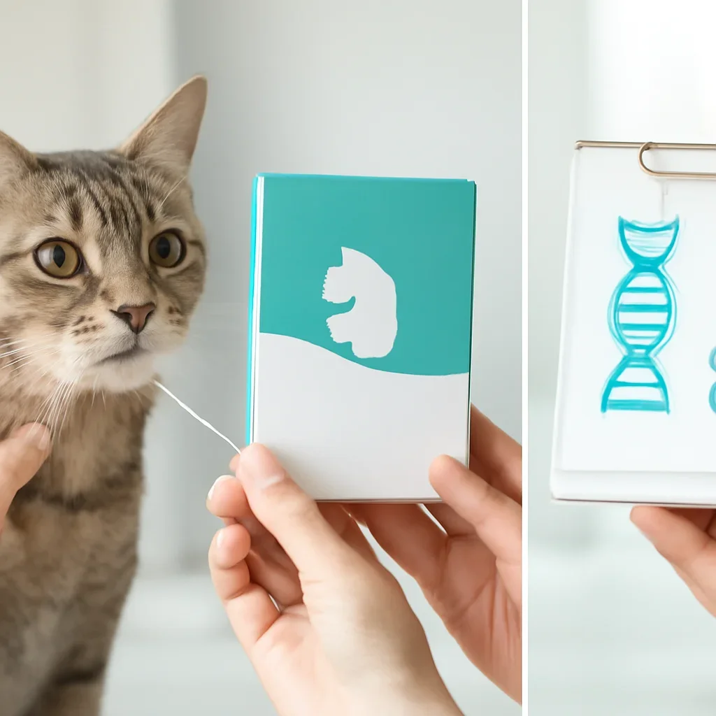 cat DNA testing process with swab, package, and results steps