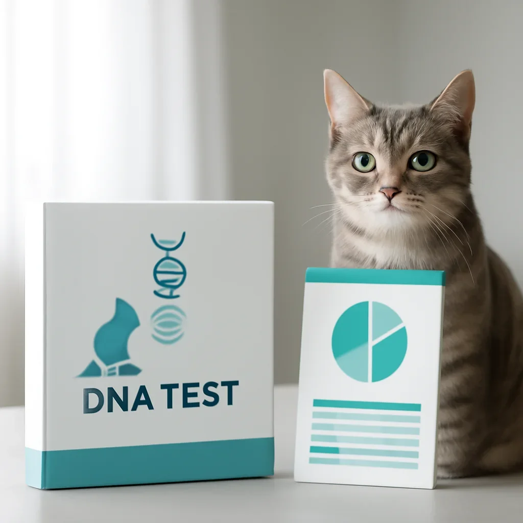 cat DNA testing call to action with kit box and results summary