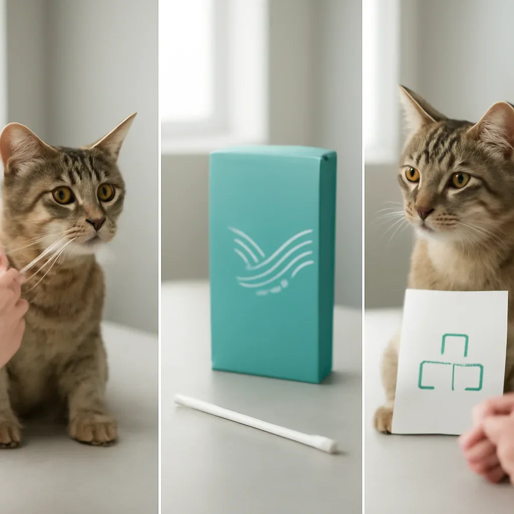 cat DNA testing process with swab, package, and results steps
