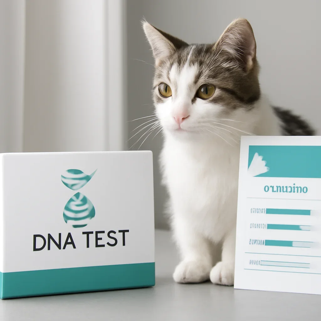 cat DNA testing call to action with kit box and results summary