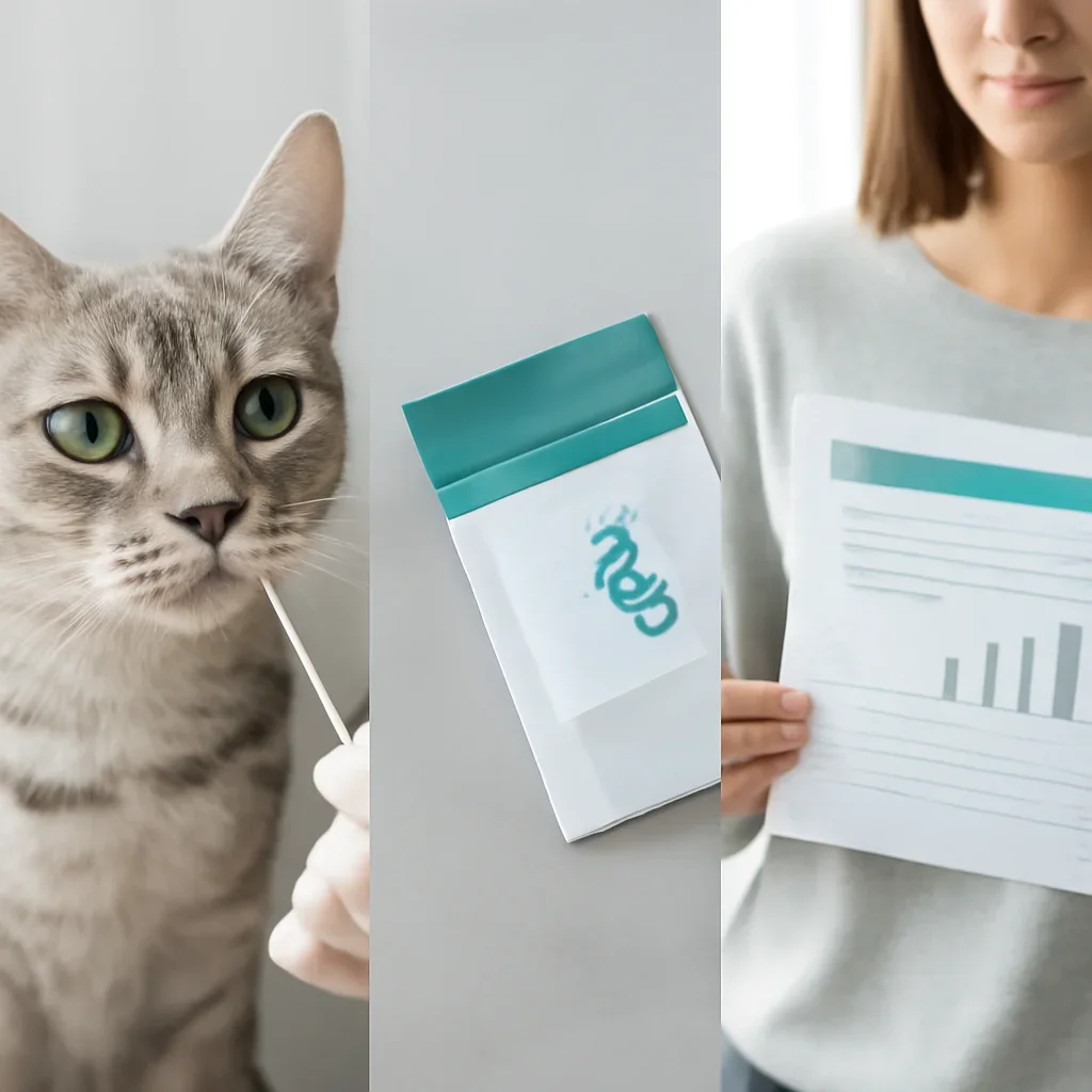 cat DNA testing process with swab, package, and results steps