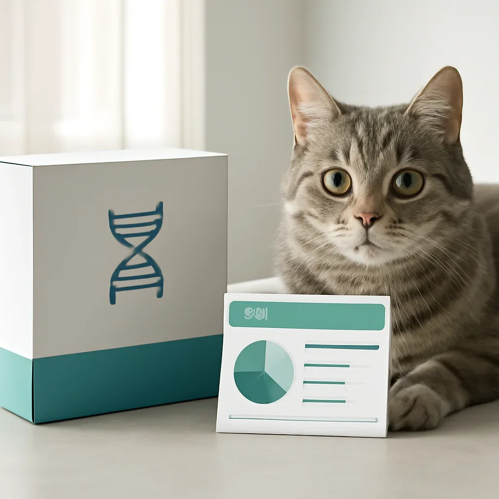 cat DNA testing call to action with kit box and results summary