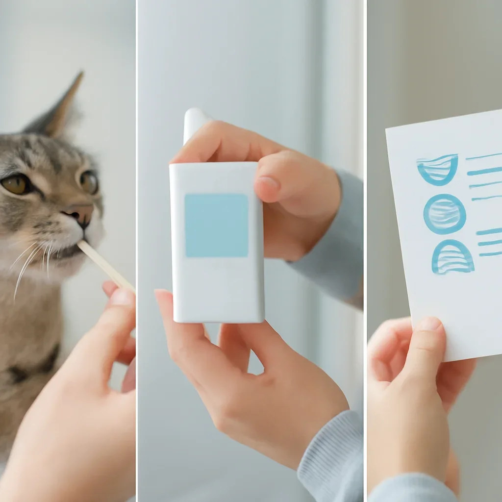 cat DNA testing process with swab, package, and results steps