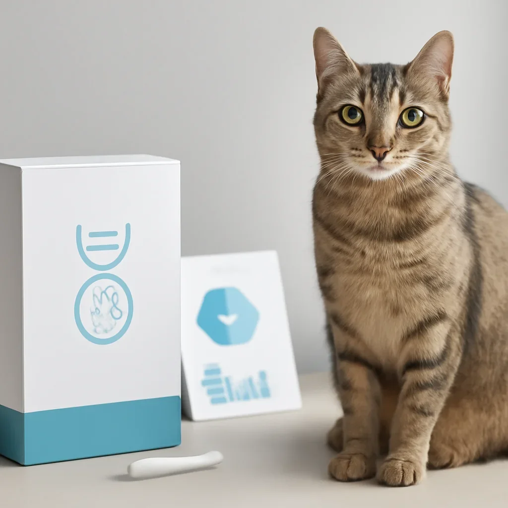 cat DNA testing call to action with kit box and results summary