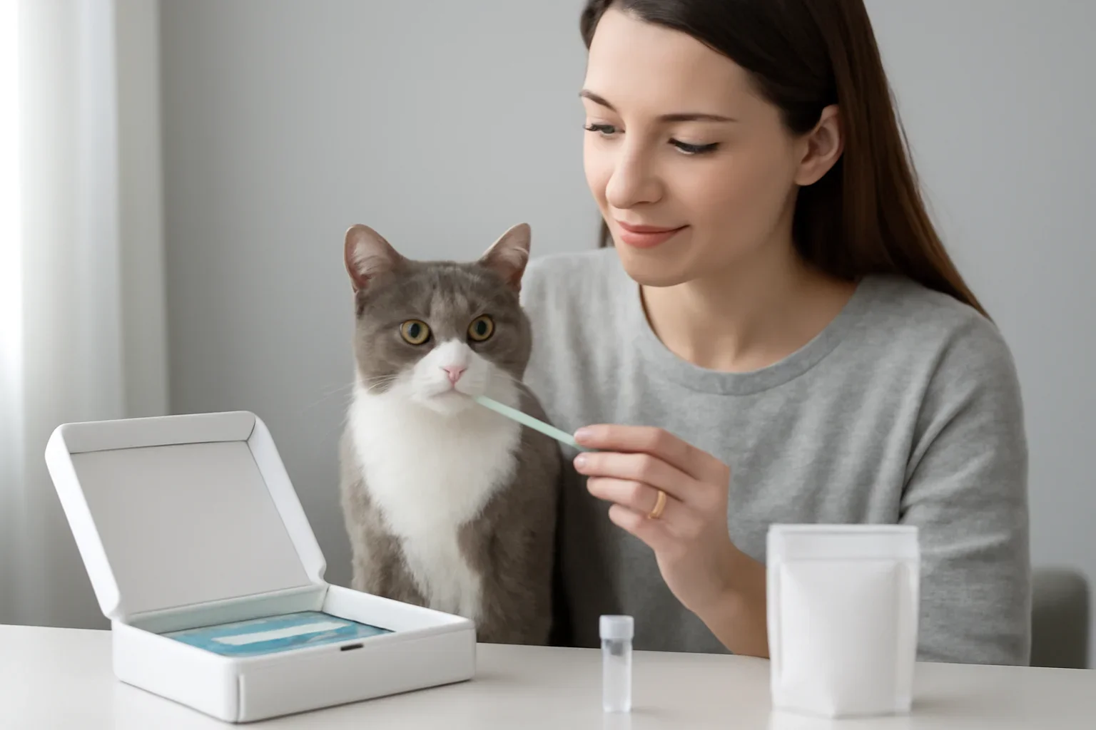 at-home cat dna test kits and sample collection visual with cat owner and testing materials