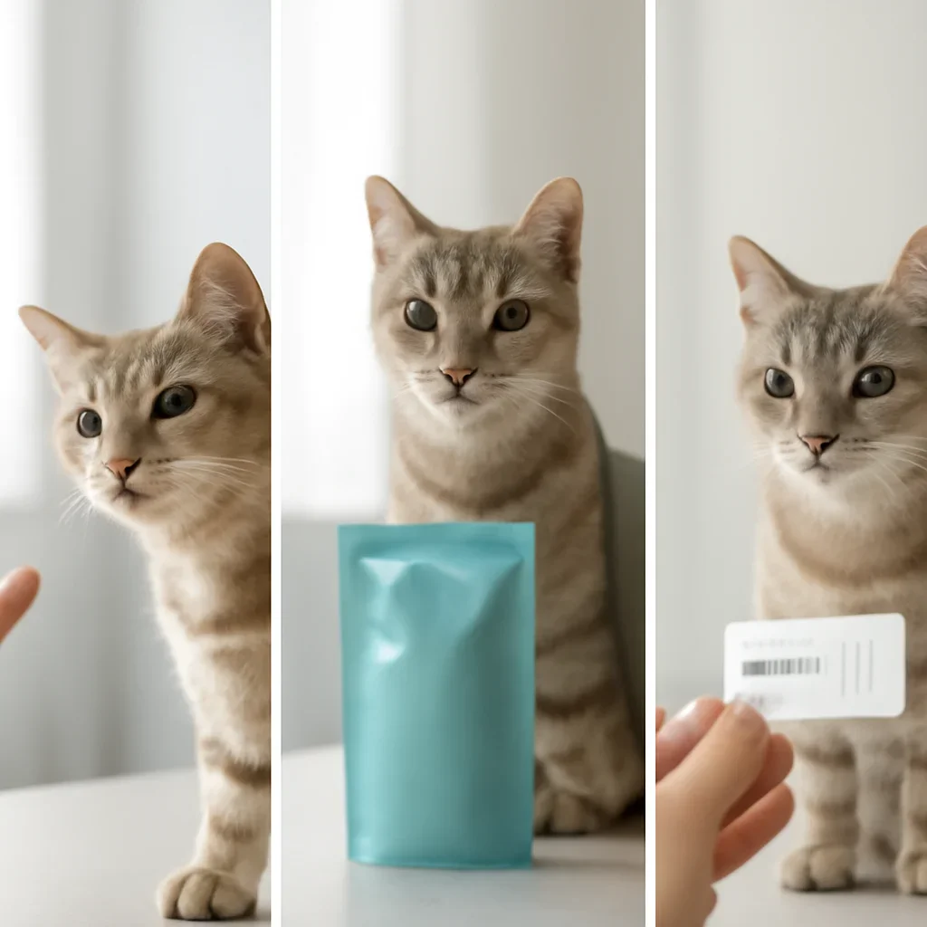 cat DNA testing process with swab, package, and results steps