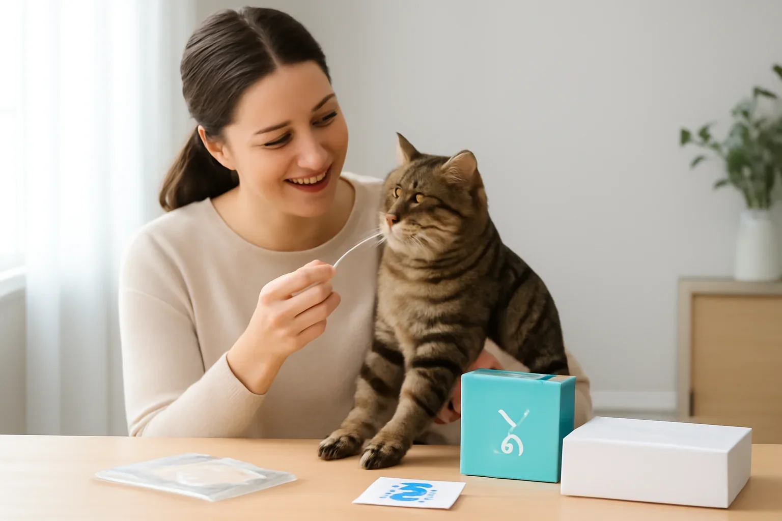cat dna test features and report options visual with cat owner and testing materials