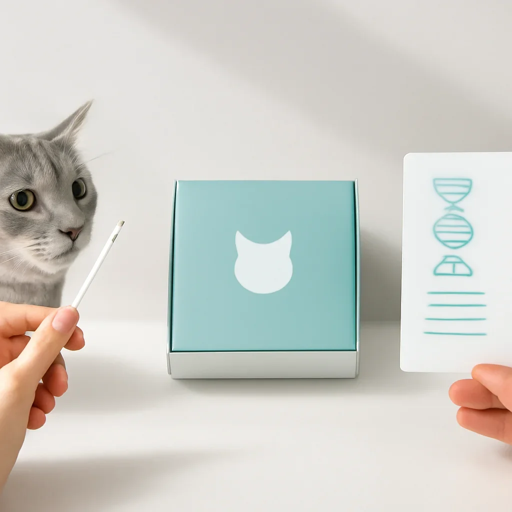 cat DNA testing process with swab, package, and results steps