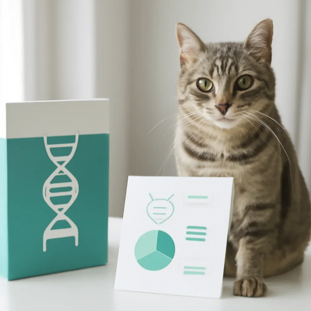 cat DNA testing call to action with kit box and results summary
