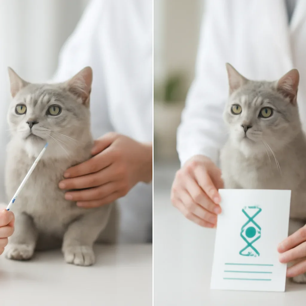 cat DNA testing process with swab, package, and results steps