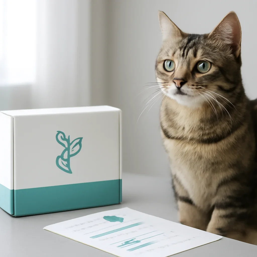 cat DNA testing call to action with kit box and results summary