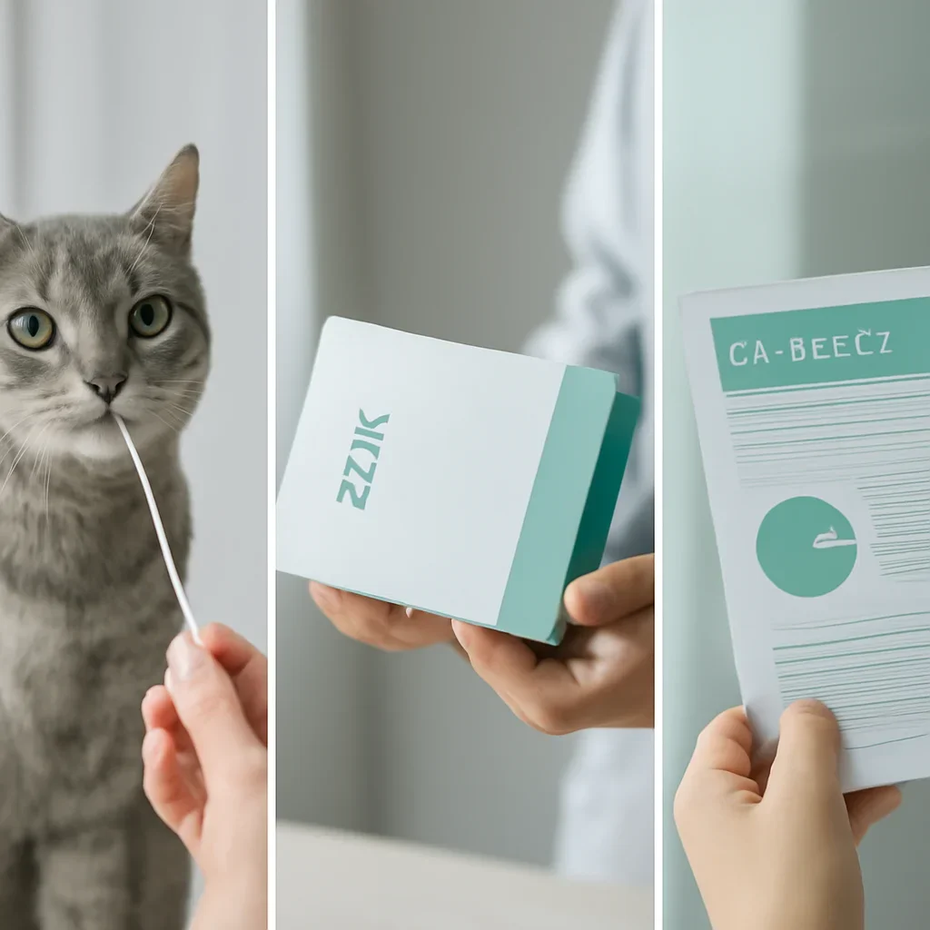 cat DNA testing process with swab, package, and results steps