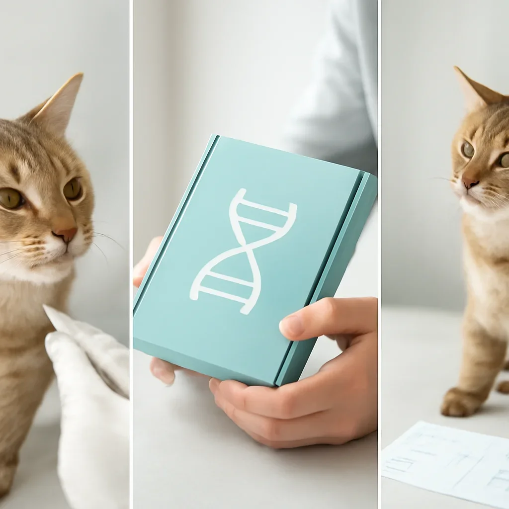 cat DNA testing process with swab, package, and results steps