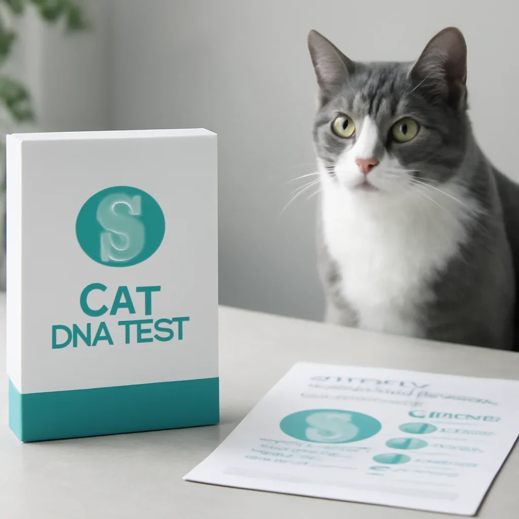 cat DNA testing call to action with kit box and results summary