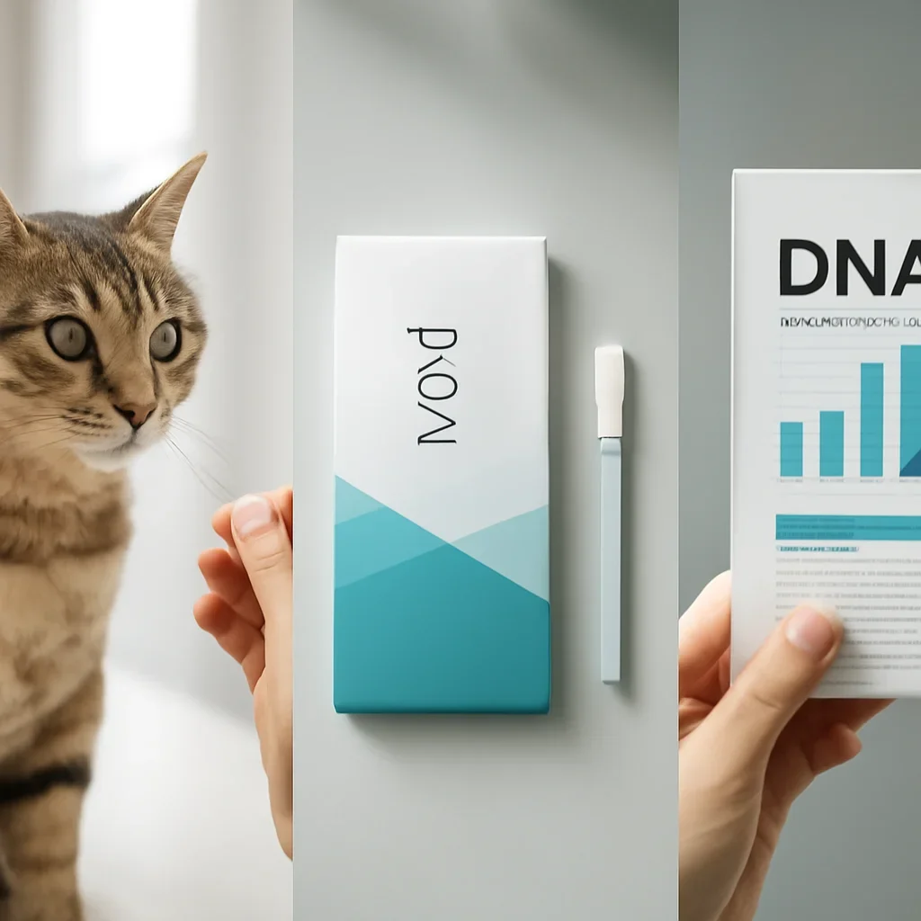 cat DNA testing process with swab, package, and results steps